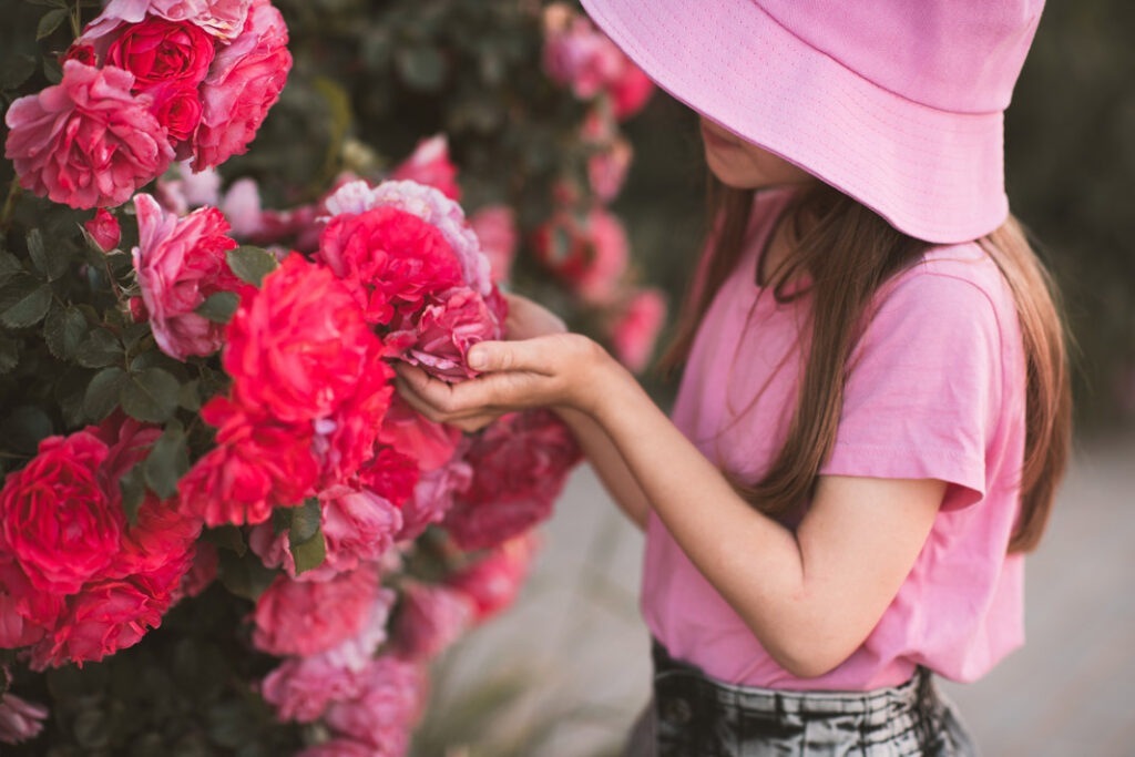 beautiful-baby-girl-smell-flower-roses-in-garden-o-A8ALP6A-1024x683